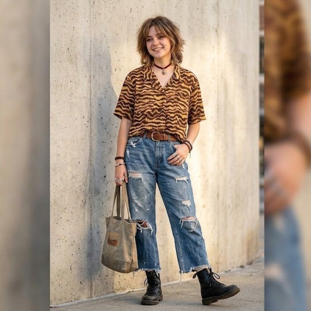 Vintage Preston York 100% Silk Shirt Animal Print Tiger Button Medium 90s Grunge - Picture 2 of 8